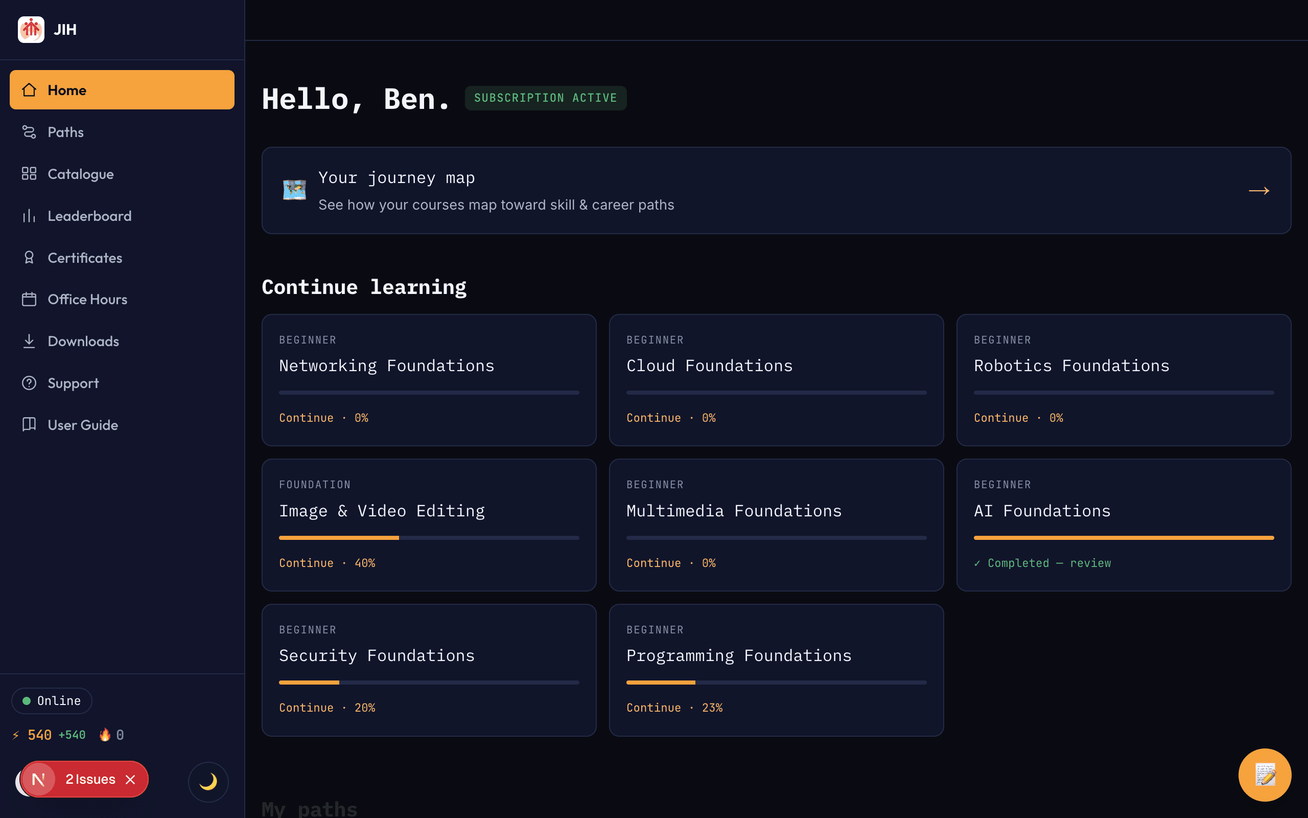 The desktop app dashboard with the sidebar and online indicator.
