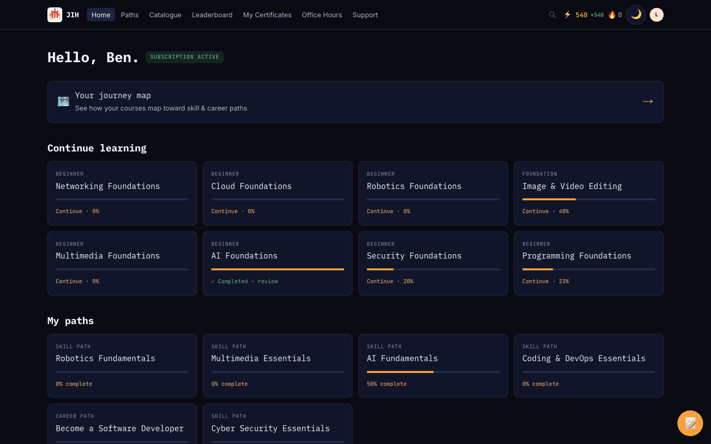 The learner dashboard showing continue-learning courses and joined paths.