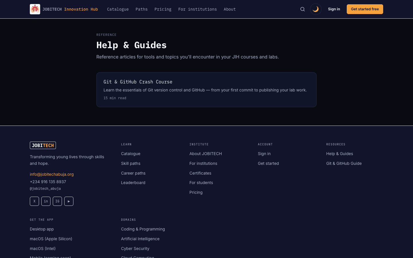 The Help & Guides reference page.