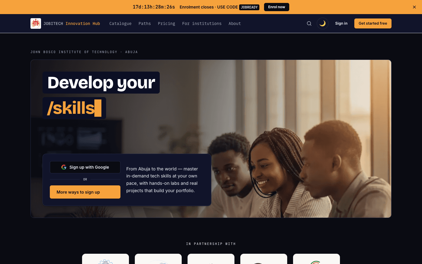 The JIH landing page with the main navigation and hero section.