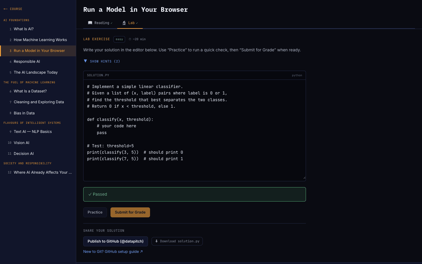 A hands-on lab with a code editor, hints, and Practice / Submit for Grade buttons.