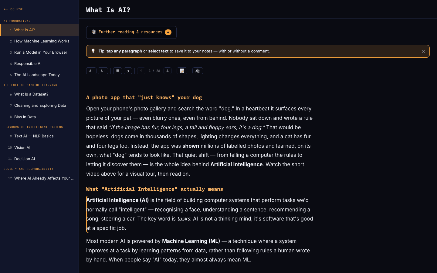 A lesson’s reading view with the syllabus sidebar and content.