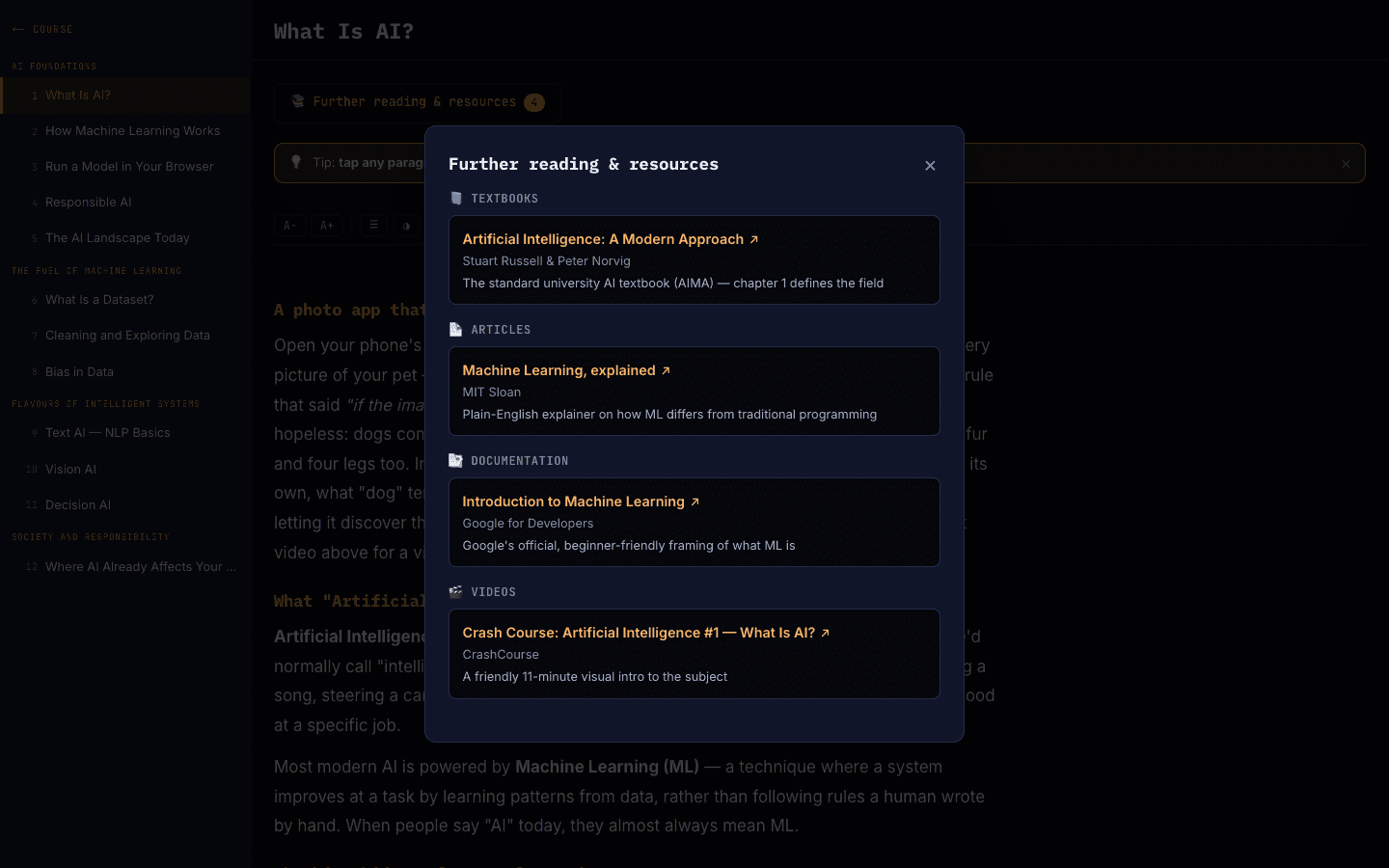 The further reading & resources panel listing curated materials.