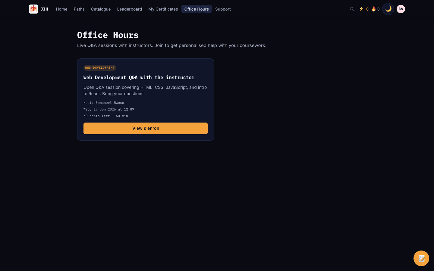 The office hours page listing an upcoming live session.