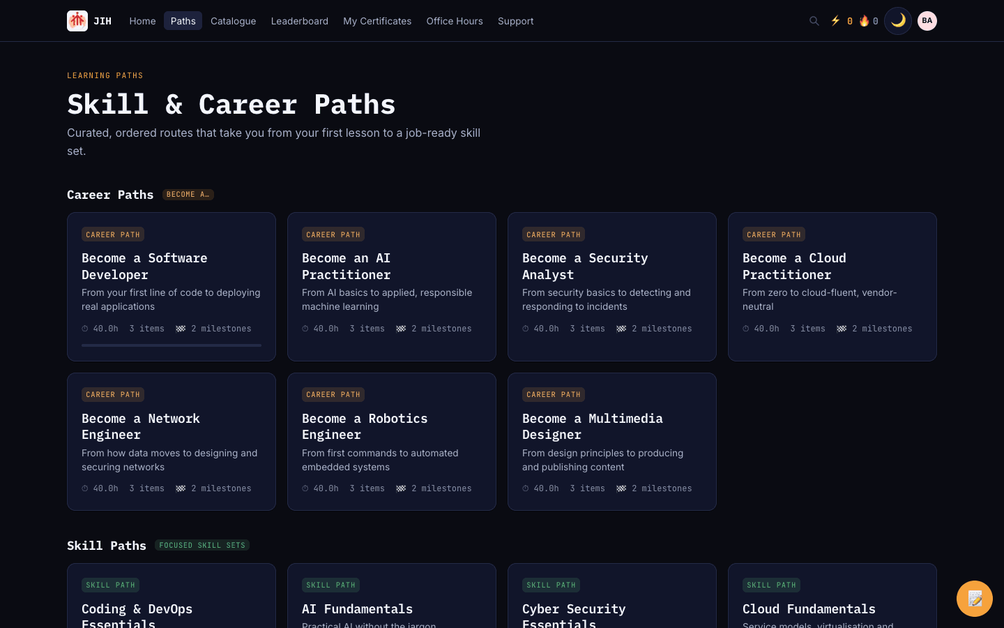 The skill and career paths page with path cards.