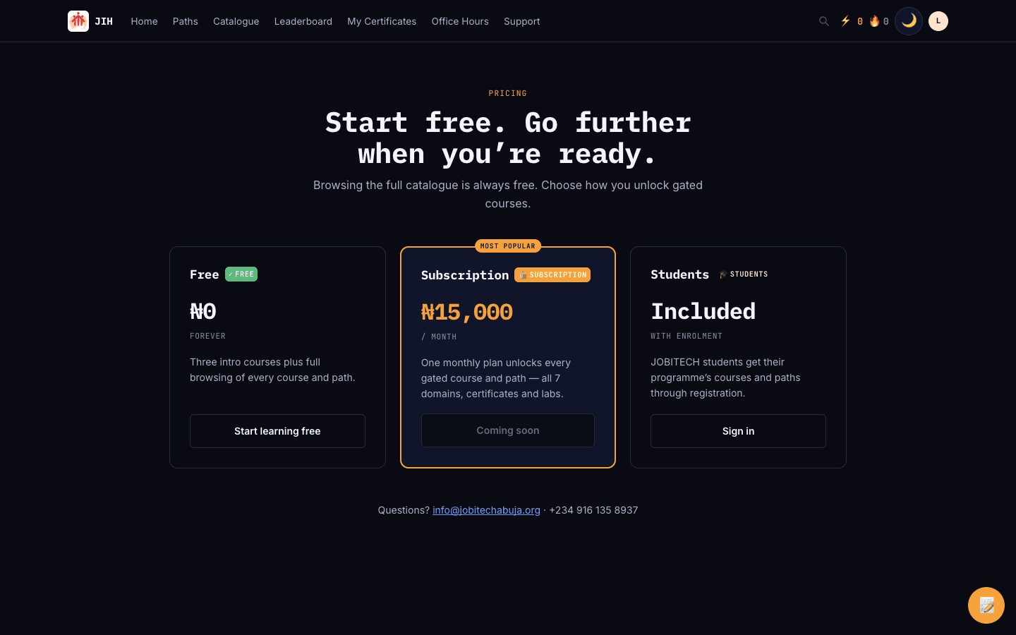The pricing page showing Free, Subscription and Students plans.