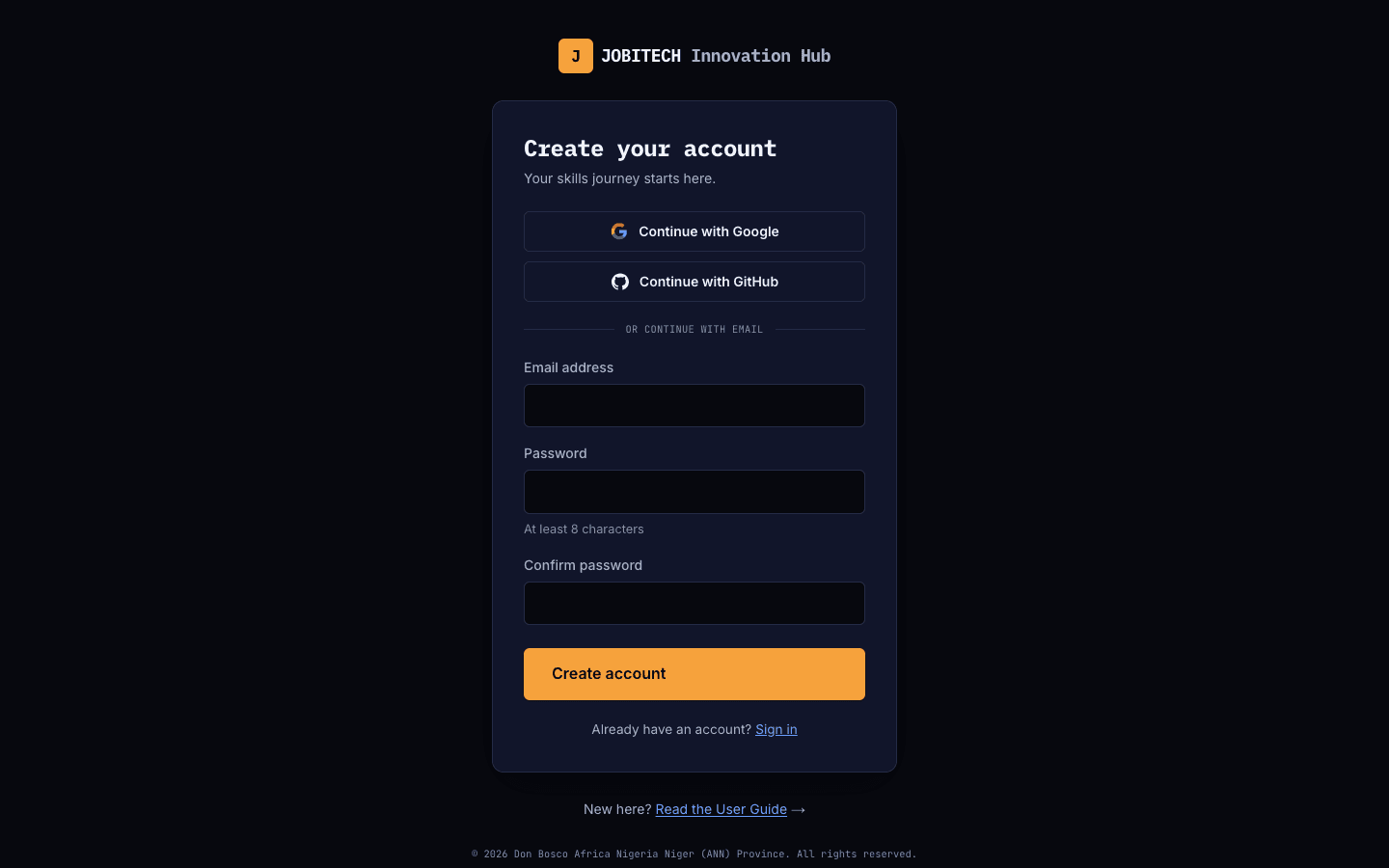 The create-account page with Google, GitHub and email sign-up options.