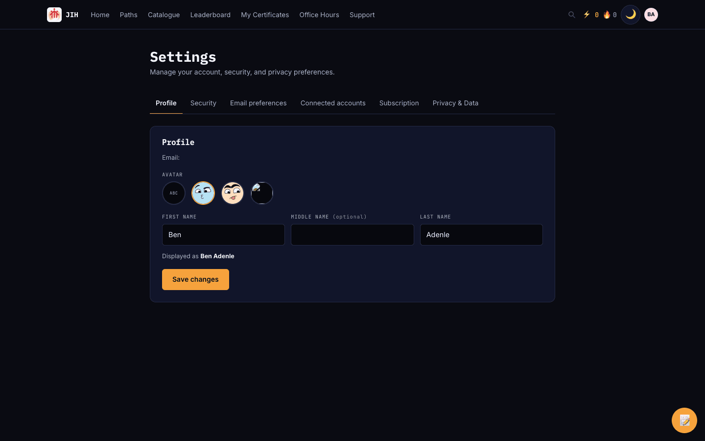 The account settings page with profile, security and other tabs.
