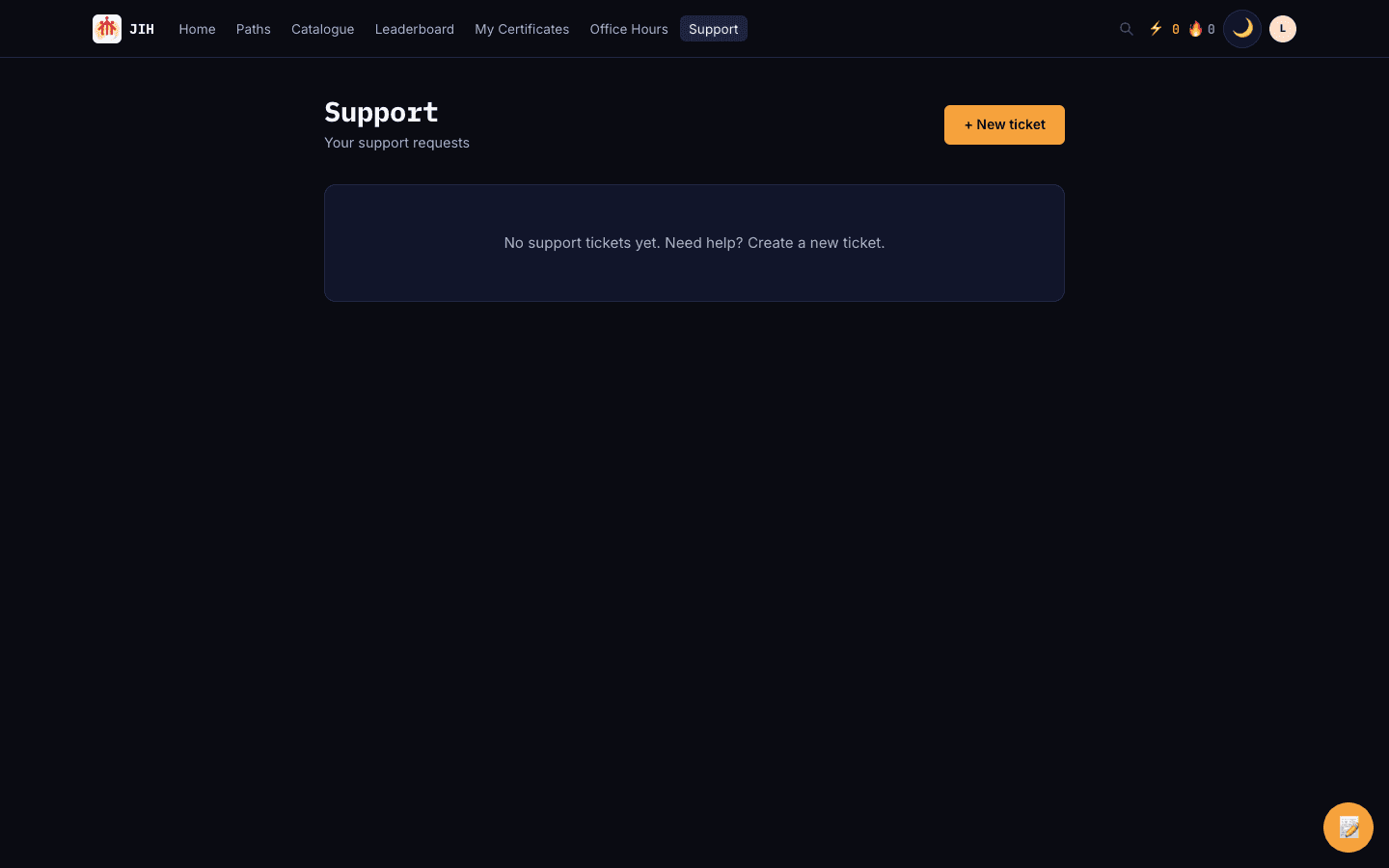 The support page with a New ticket button and empty-state message.